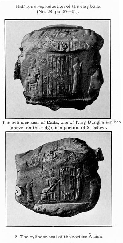 Cylinder-seals impressed on the clay bulls described on pp. 27-31 : 1. Dada, one of Dungi's scribes, led before his god; 2. A-zida, scribe, in a similar scene 